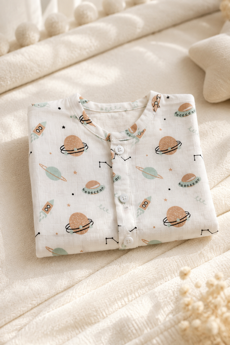 1 Pc Short Sleeve 90 GSM Checkered Muslin Jhabla Vest - Satellite