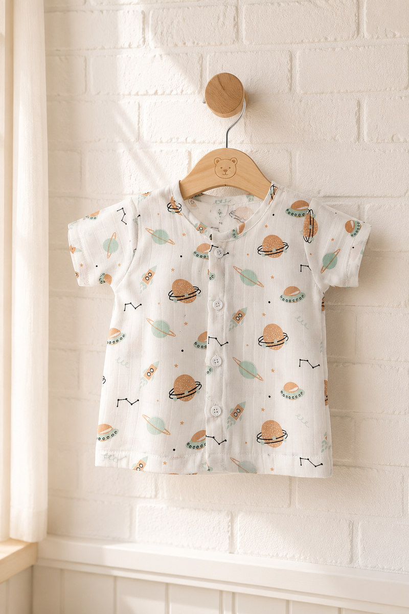 1 Pc Short Sleeve 90 GSM Checkered Muslin Jhabla Vest - Satellite