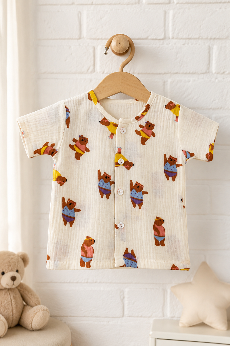 1 Pc Short Sleeve Premium Crinkled Muslin Jhabla Vest - Bear Garden