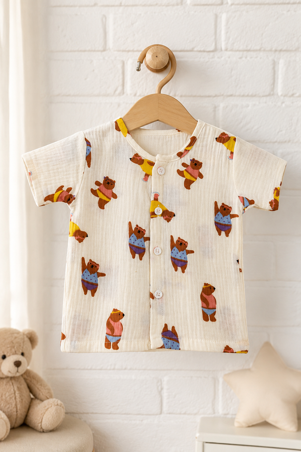 1 Pc Short Sleeve Premium Crinkled Muslin Jhabla Vest - Bear Garden