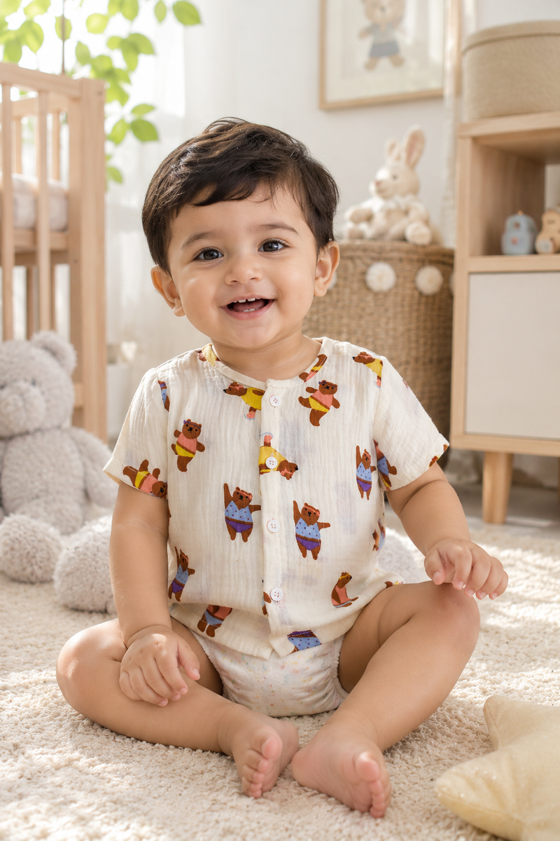 1 Pc Short Sleeve Premium Crinkled Muslin Jhabla Vest - Bear Garden