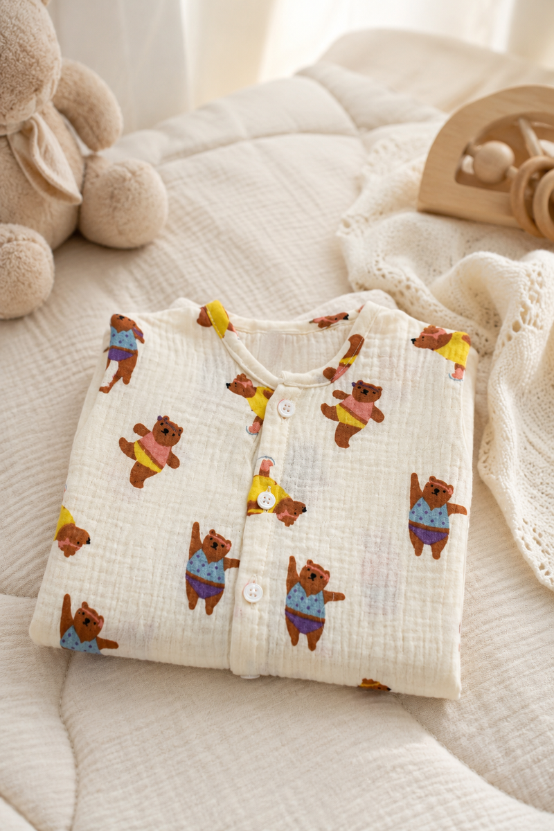 1 Pc Short Sleeve Premium Crinkled Muslin Jhabla Vest - Bear Garden