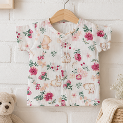 1 Pc Short Sleeve Premium Crinkled Muslin Jhabla Vest - Pink Garden