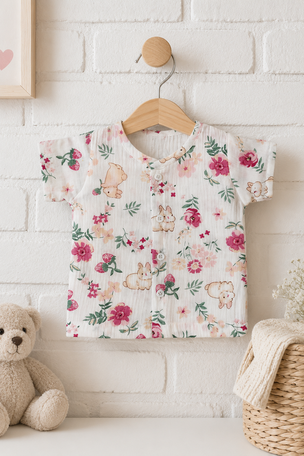 1 Pc Short Sleeve Premium Crinkled Muslin Jhabla Vest - Pink Garden