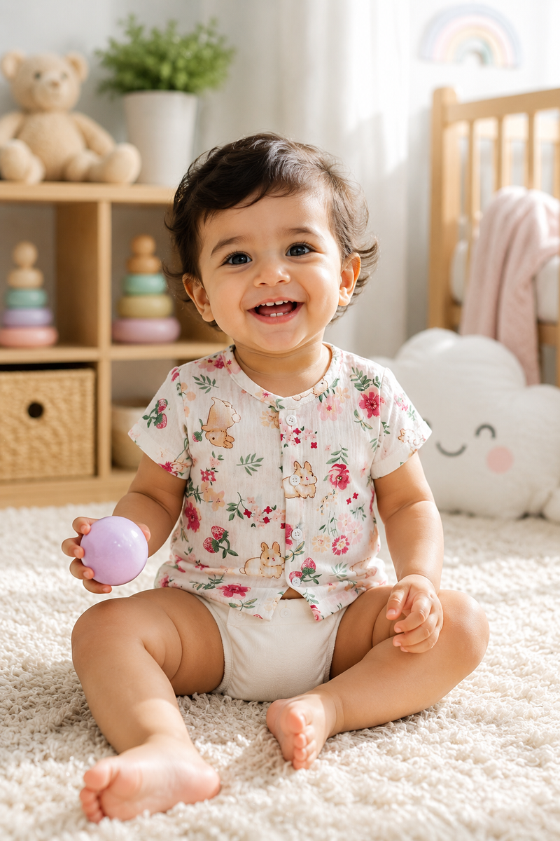 1 Pc Short Sleeve Premium Crinkled Muslin Jhabla Vest - Pink Garden