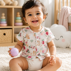 1 Pc Short Sleeve Premium Crinkled Muslin Jhabla Vest - Pink Garden