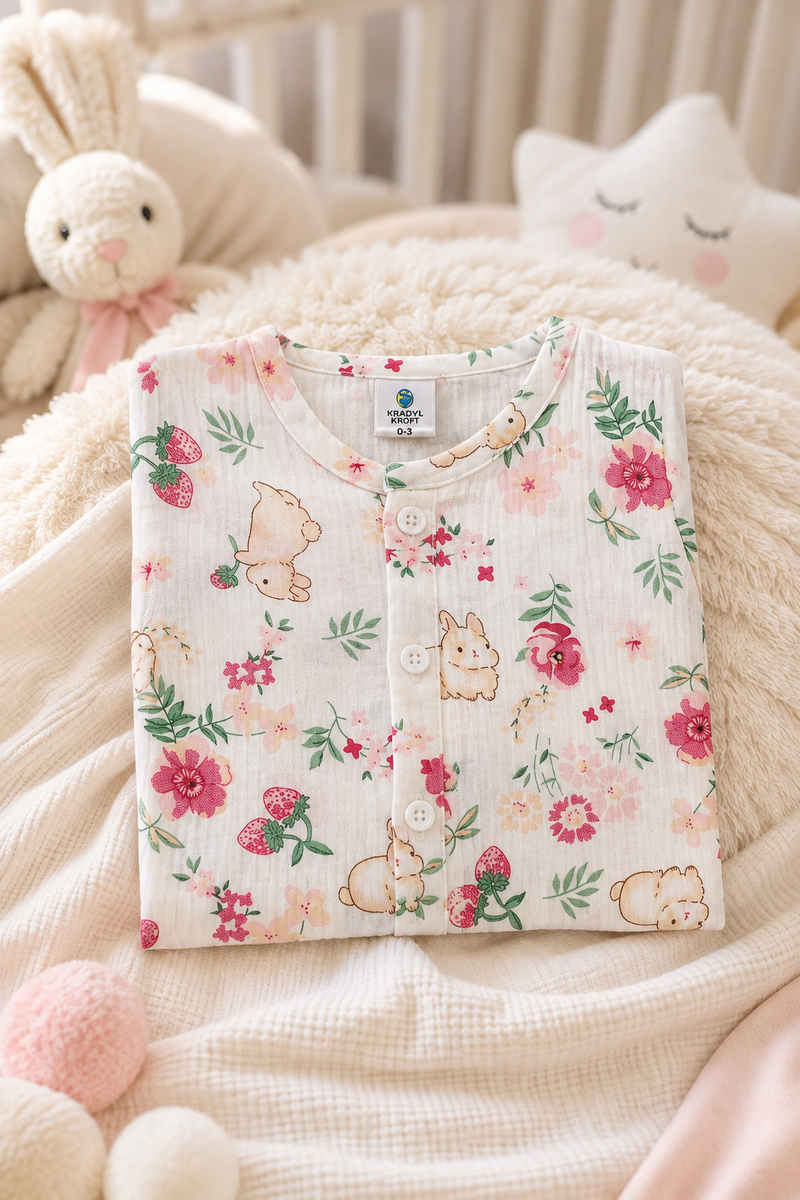 1 Pc Short Sleeve Premium Crinkled Muslin Jhabla Vest - Pink Garden
