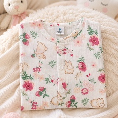 1 Pc Short Sleeve Premium Crinkled Muslin Jhabla Vest - Pink Garden