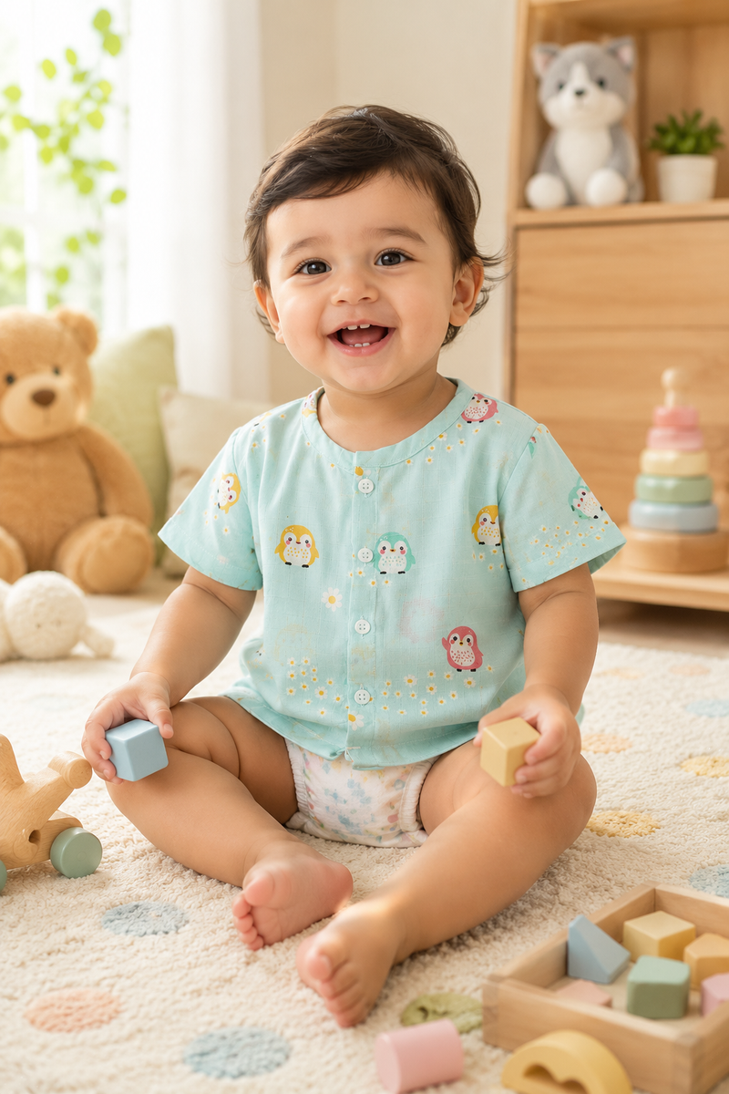 1 Pc Short Sleeve 90 GSM Checkered Muslin Jhabla Vest - Blue Penguin