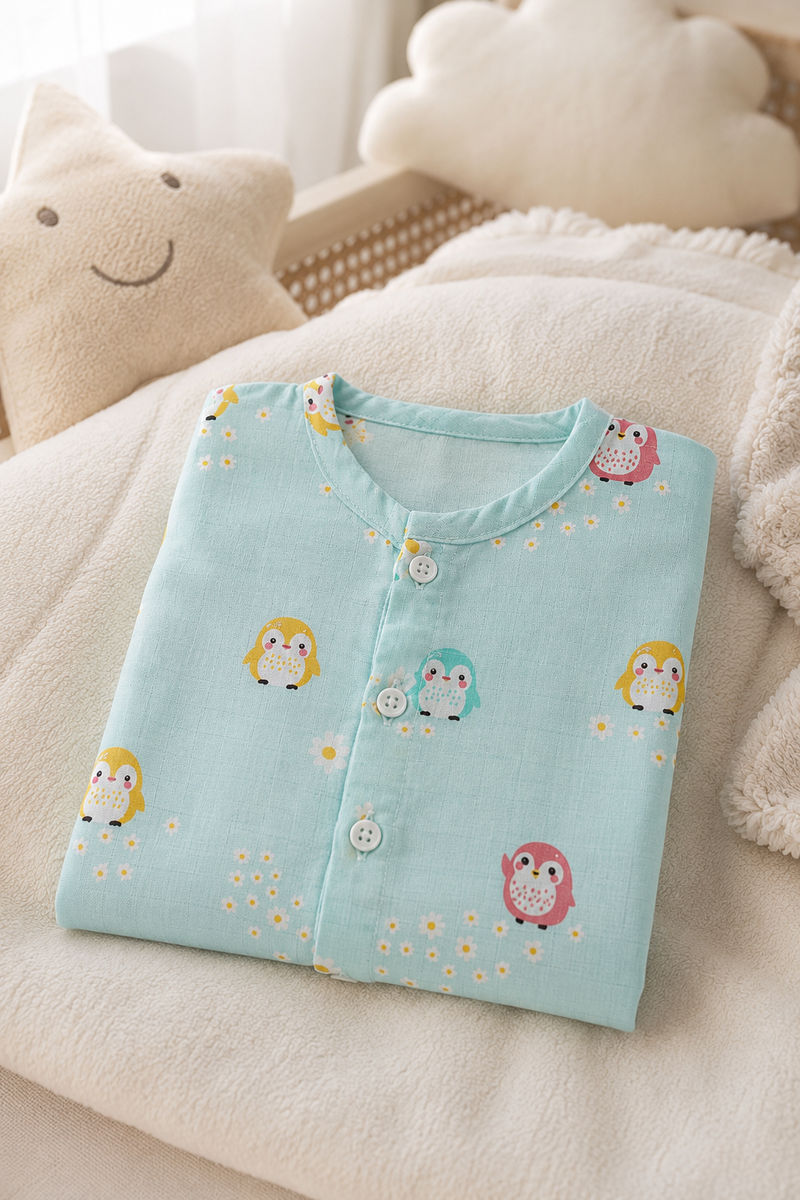 1 Pc Short Sleeve 90 GSM Checkered Muslin Jhabla Vest - Blue Penguin