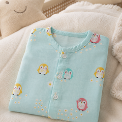 1 Pc Short Sleeve 90 GSM Checkered Muslin Jhabla Vest - Blue Penguin