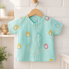 1 Pc Short Sleeve 90 GSM Checkered Muslin Jhabla Vest - Blue Penguin