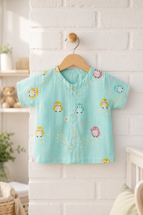1 Pc Short Sleeve 90 GSM Checkered Muslin Jhabla Vest - Blue Penguin