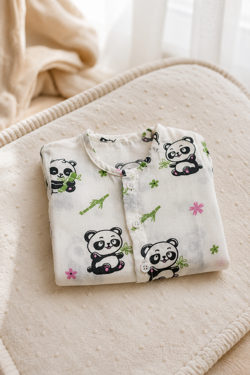 1 Pc Short Sleeve 90 GSM Checkered Muslin Jhabla Vest - Panda