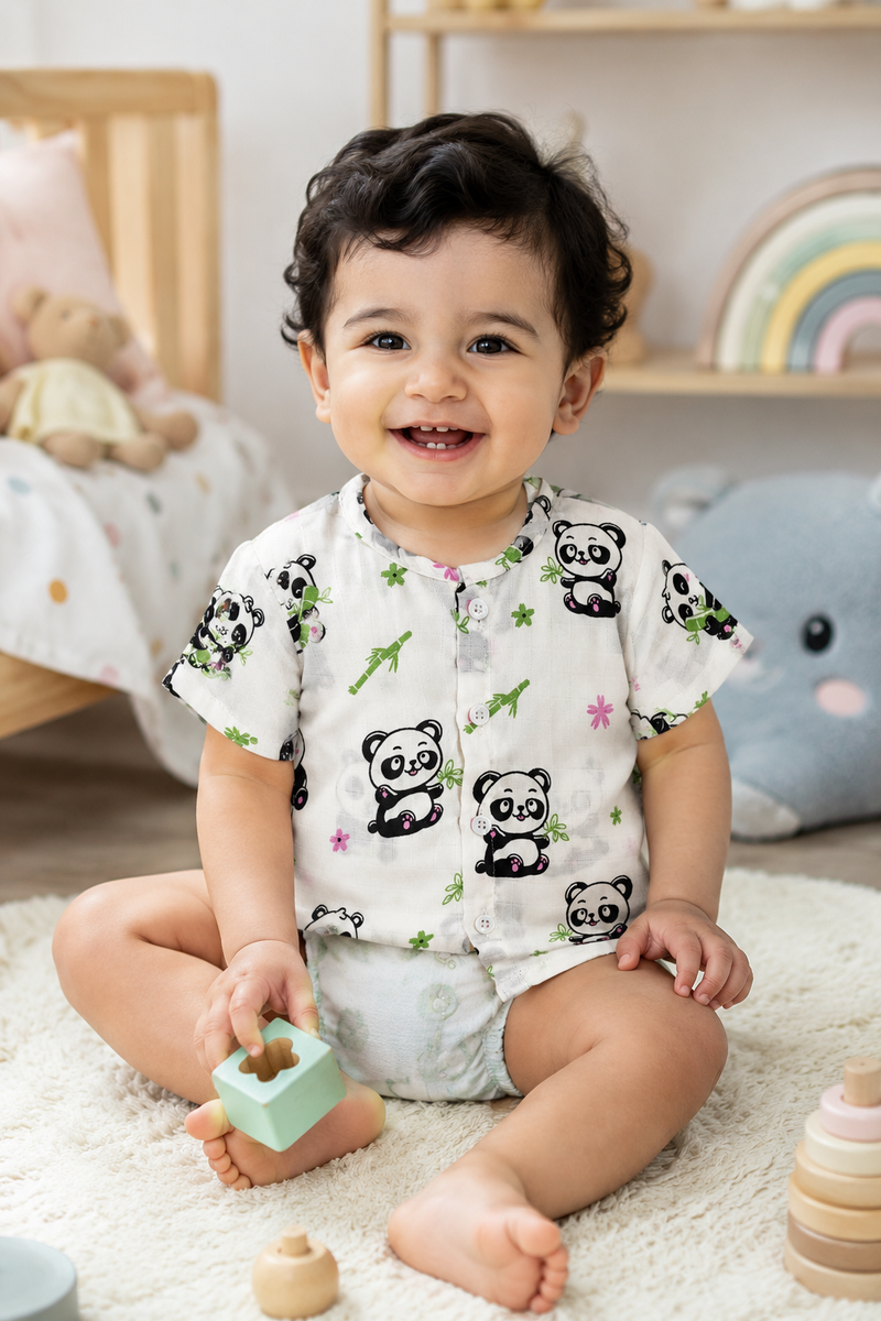 1 Pc Short Sleeve 90 GSM Checkered Muslin Jhabla Vest - Panda