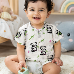 1 Pc Short Sleeve 90 GSM Checkered Muslin Jhabla Vest - Panda
