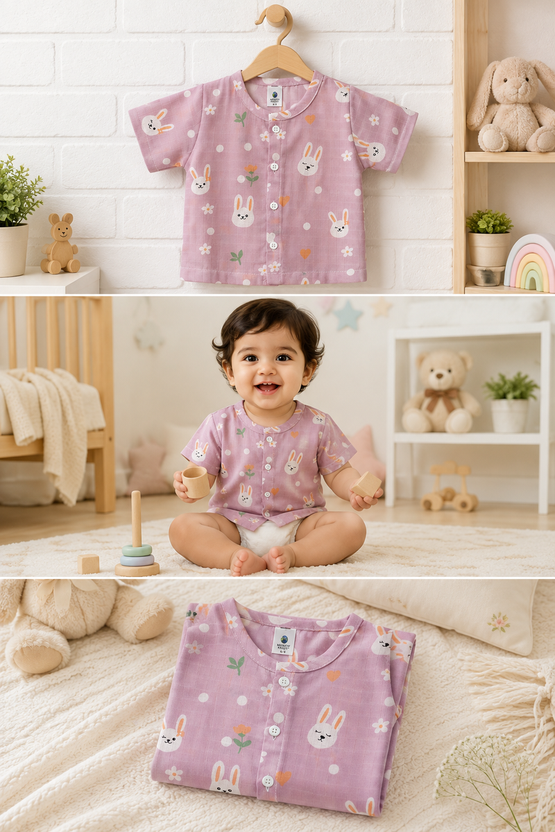 1 Pc Short Sleeve 90 GSM Checkered Muslin Jhabla Vest - Pink Bunny