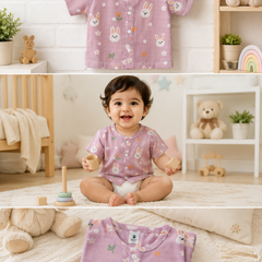 1 Pc Short Sleeve 90 GSM Checkered Muslin Jhabla Vest - Pink Bunny