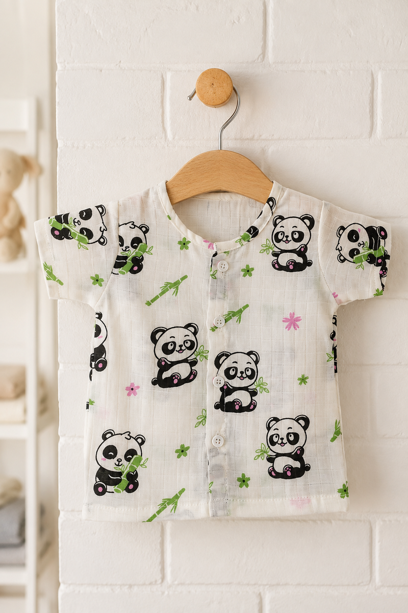1 Pc Short Sleeve 90 GSM Checkered Muslin Jhabla Vest - Panda