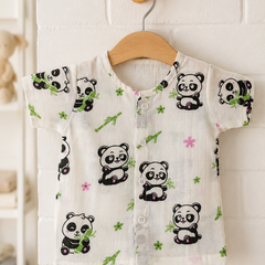 1 Pc Short Sleeve 90 GSM Checkered Muslin Jhabla Vest - Panda