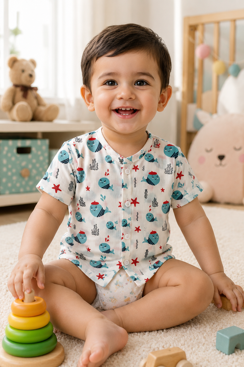 1 Pc Short Sleeve 90 GSM Checkered Muslin Jhabla Vest - Blue Dolphin
