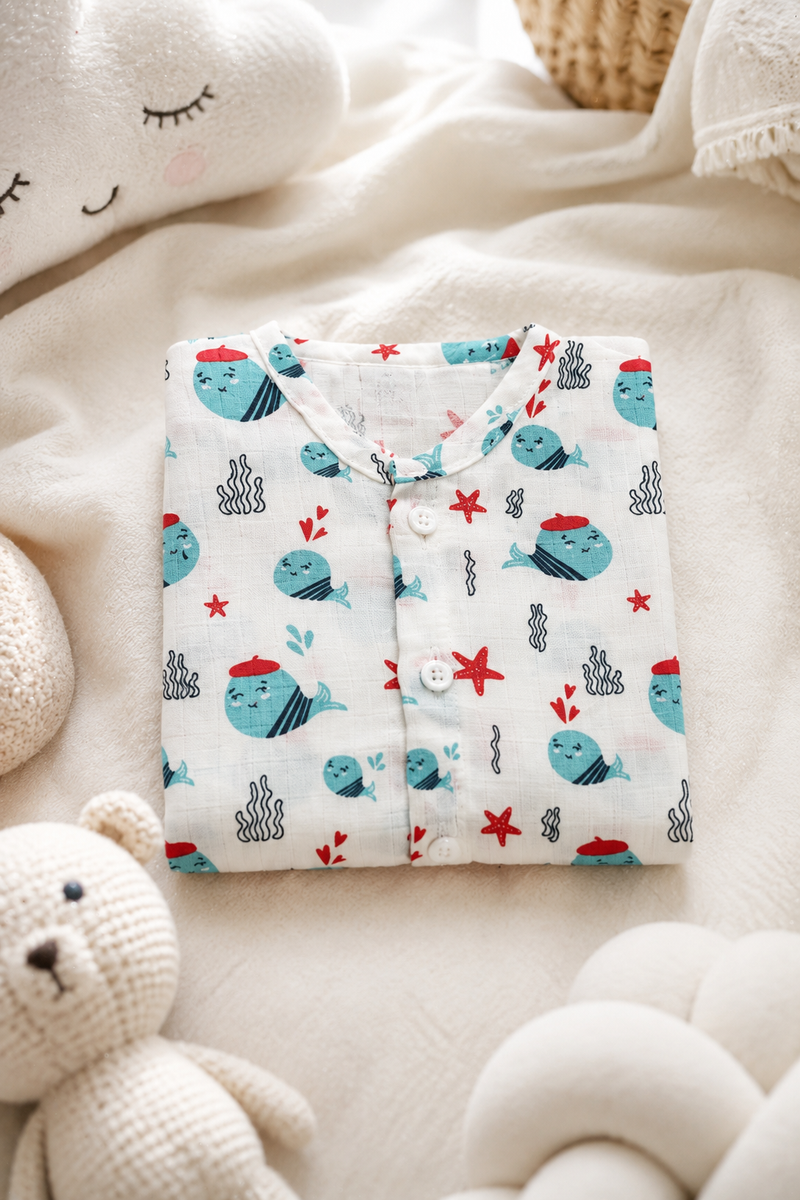 1 Pc Short Sleeve 90 GSM Checkered Muslin Jhabla Vest - Blue Dolphin