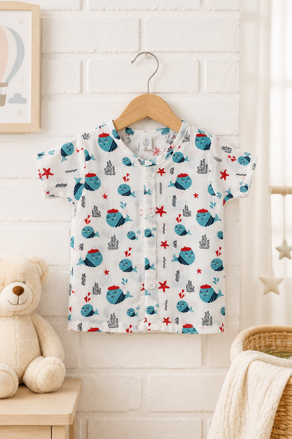 1 Pc Short Sleeve 90 GSM Checkered Muslin Jhabla Vest - Blue Dolphin