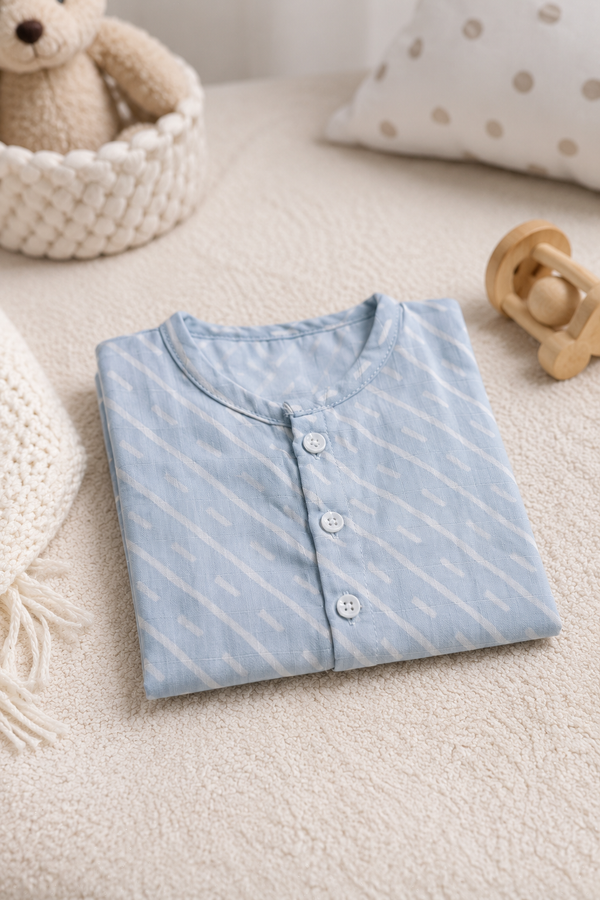 1 Pc Short Sleeve 120 GSM Checkered Muslin Jhabla Vest - Sky Blue
