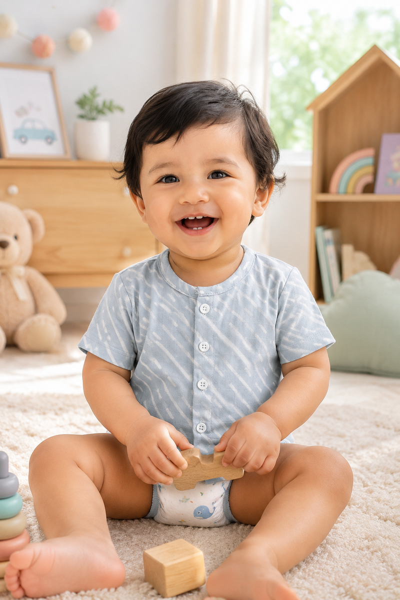 1 Pc Short Sleeve 120 GSM Checkered Muslin Jhabla Vest - Sky Blue