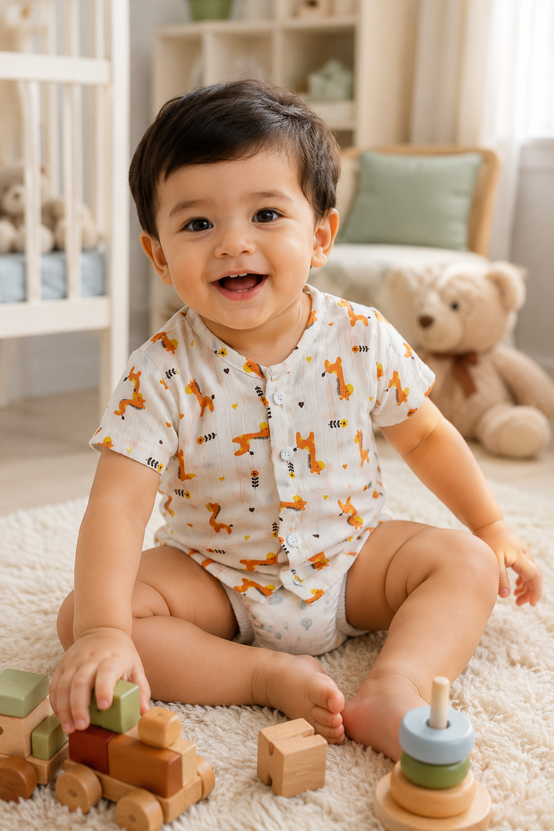 1 Pc Short Sleeve 90 GSM Checkered Muslin Jhabla Vest - Giraffe