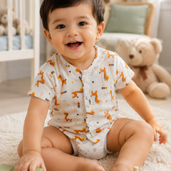 1 Pc Short Sleeve 90 GSM Checkered Muslin Jhabla Vest - Giraffe