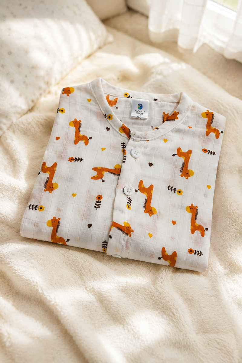 1 Pc Short Sleeve 90 GSM Checkered Muslin Jhabla Vest - Giraffe