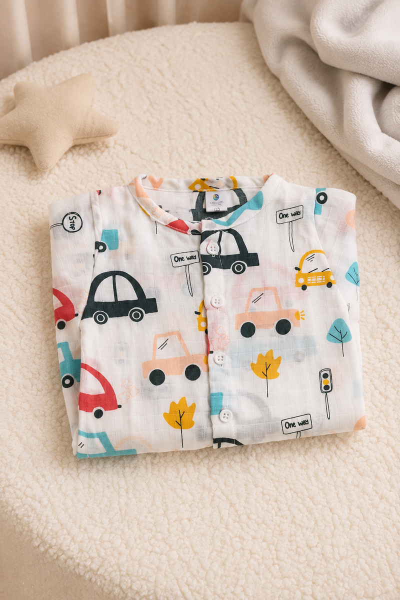 1 Pc Short Sleeve 90 GSM Checkered Muslin Jhabla Vest - Cars