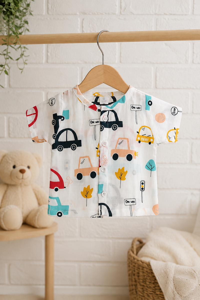 1 Pc Short Sleeve 90 GSM Checkered Muslin Jhabla Vest - Cars