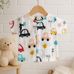 1 Pc Short Sleeve 90 GSM Checkered Muslin Jhabla Vest - Cars