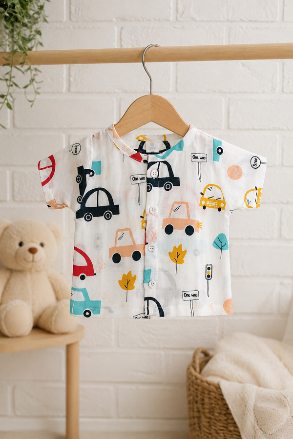 1 Pc Short Sleeve 90 GSM Checkered Muslin Jhabla Vest - Cars