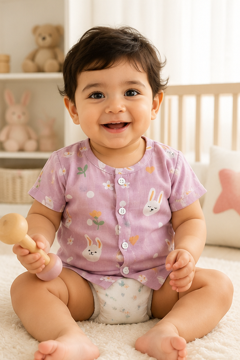 1 Pc Short Sleeve 90 GSM Checkered Muslin Jhabla Vest - Pink Bunny