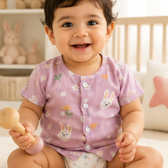 1 Pc Short Sleeve 90 GSM Checkered Muslin Jhabla Vest - Pink Bunny