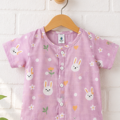 1 Pc Short Sleeve 90 GSM Checkered Muslin Jhabla Vest - Pink Bunny