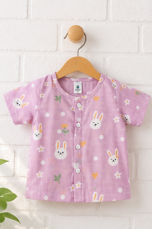 1 Pc Short Sleeve 90 GSM Checkered Muslin Jhabla Vest - Pink Bunny