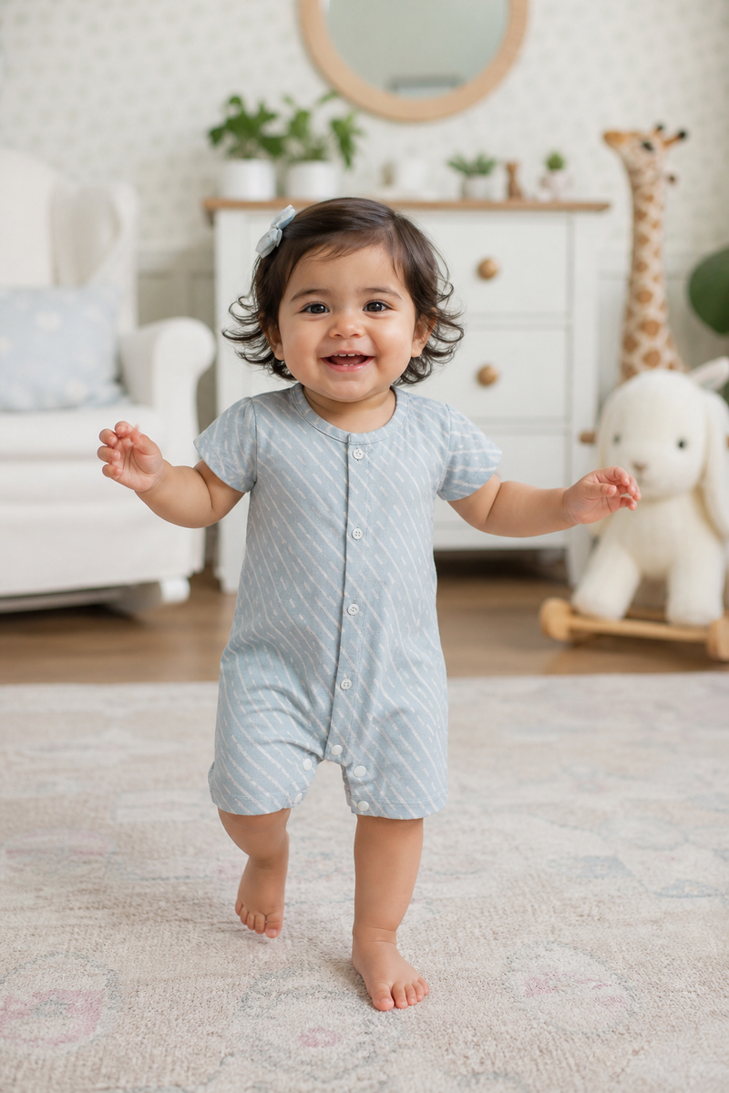 Sky Blue | Short Sleeves | Unisex Romper Bodysuit | 100% Cotton Muslin for 0 to 2 Yrs