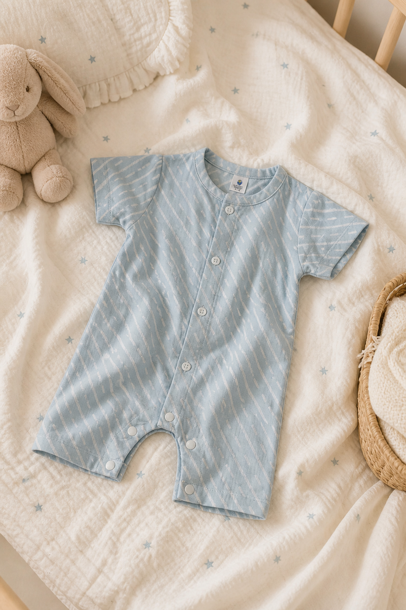Sky Blue | Short Sleeves | Unisex Romper Bodysuit | 100% Cotton Muslin for 0 to 2 Yrs
