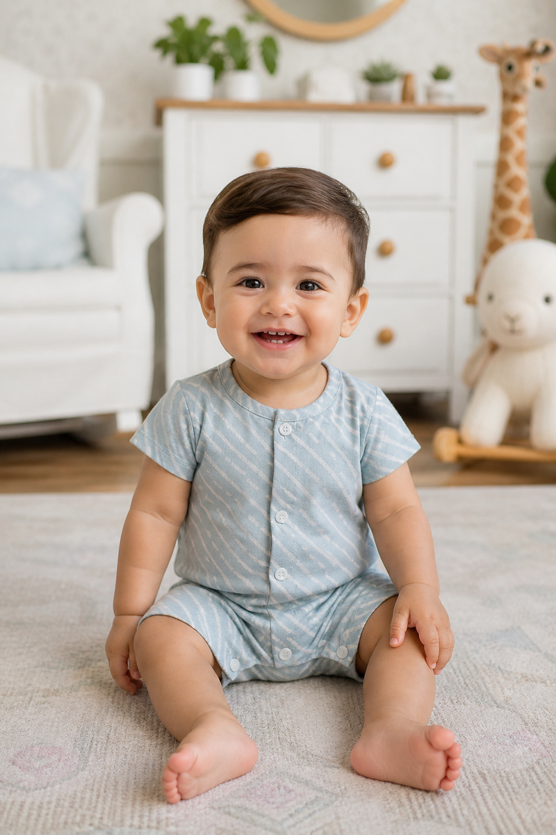 Sky Blue | Short Sleeves | Unisex Romper Bodysuit | 100% Cotton Muslin for 0 to 2 Yrs