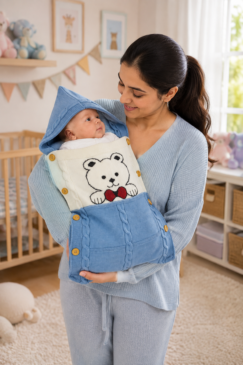 Premium Knitted Baby Sleeping Bag N Carrier - Bear Blue
