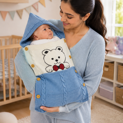 Premium Knitted Baby Sleeping Bag N Carrier - Bear Blue