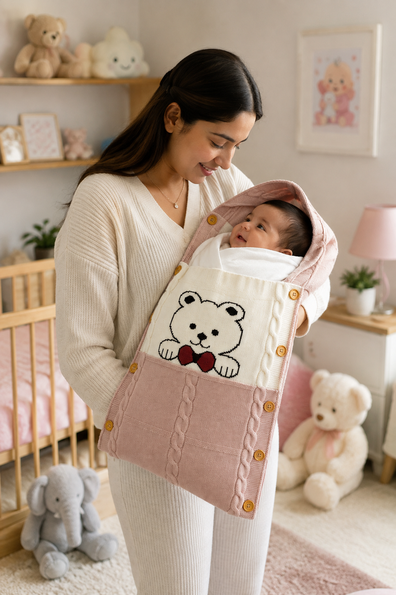 Premium Knitted Baby Sleeping Bag N Carrier - Bear Pink