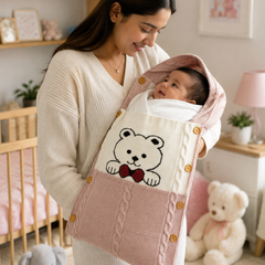 Premium Knitted Baby Sleeping Bag N Carrier - Bear Pink