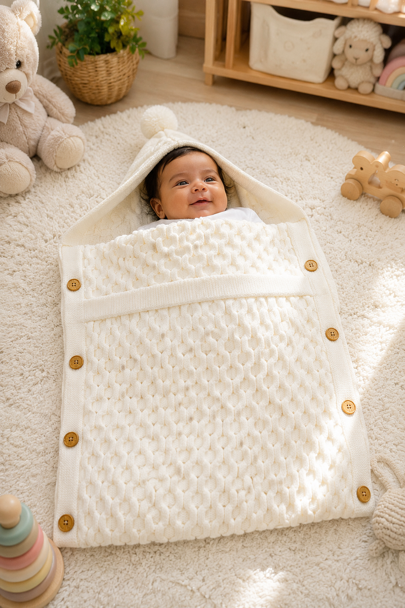 Premium Knitted Baby Sleeping Bag N Carrier - Just White