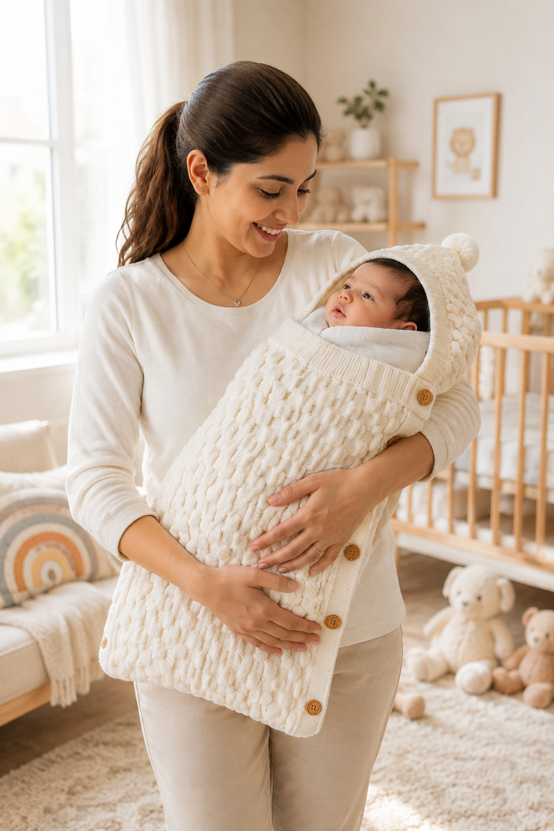 Premium Knitted Baby Sleeping Bag N Carrier - Just White