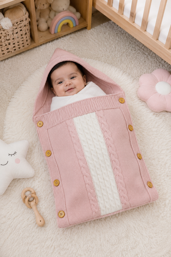 Premium Knitted Baby Sleeping Bag N Carrier - Pink White
